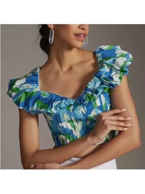 Maeve Blue & Green Ruffle Square-Neck Crop Top